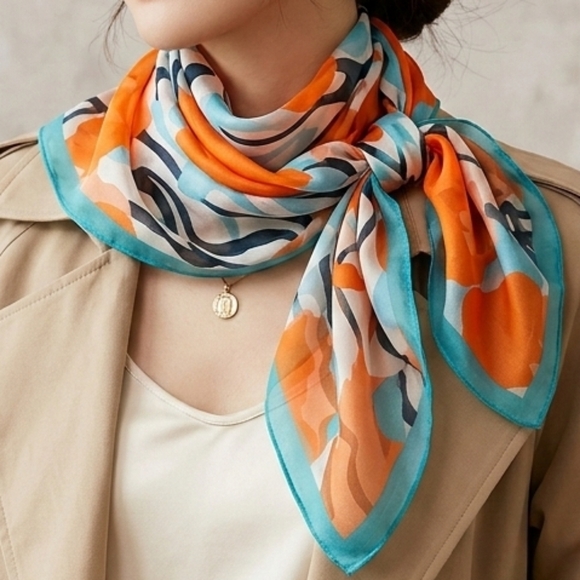 NWT Abstract Floral Scarf Orange Teal Navy Lightweight Shawl 63"x20" - Picture 3 of 7